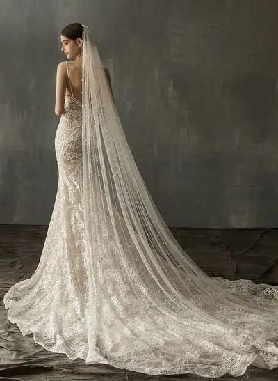 Pencil Edge Faux Pearl One-Tier Tulle Cathedral Bridal Veils