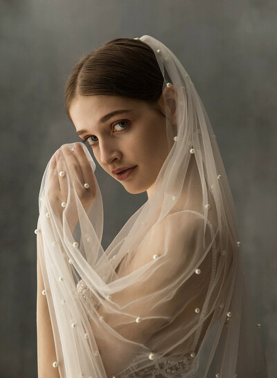 Pencil Edge Faux Pearl One-Tier Tulle Cathedral Bridal Veils