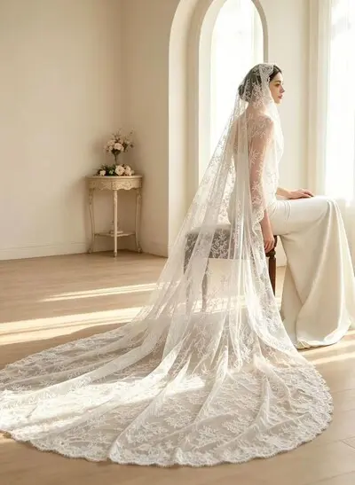 Single-Tier Cathedral Wedding Veils With Lace Appliqué Edge