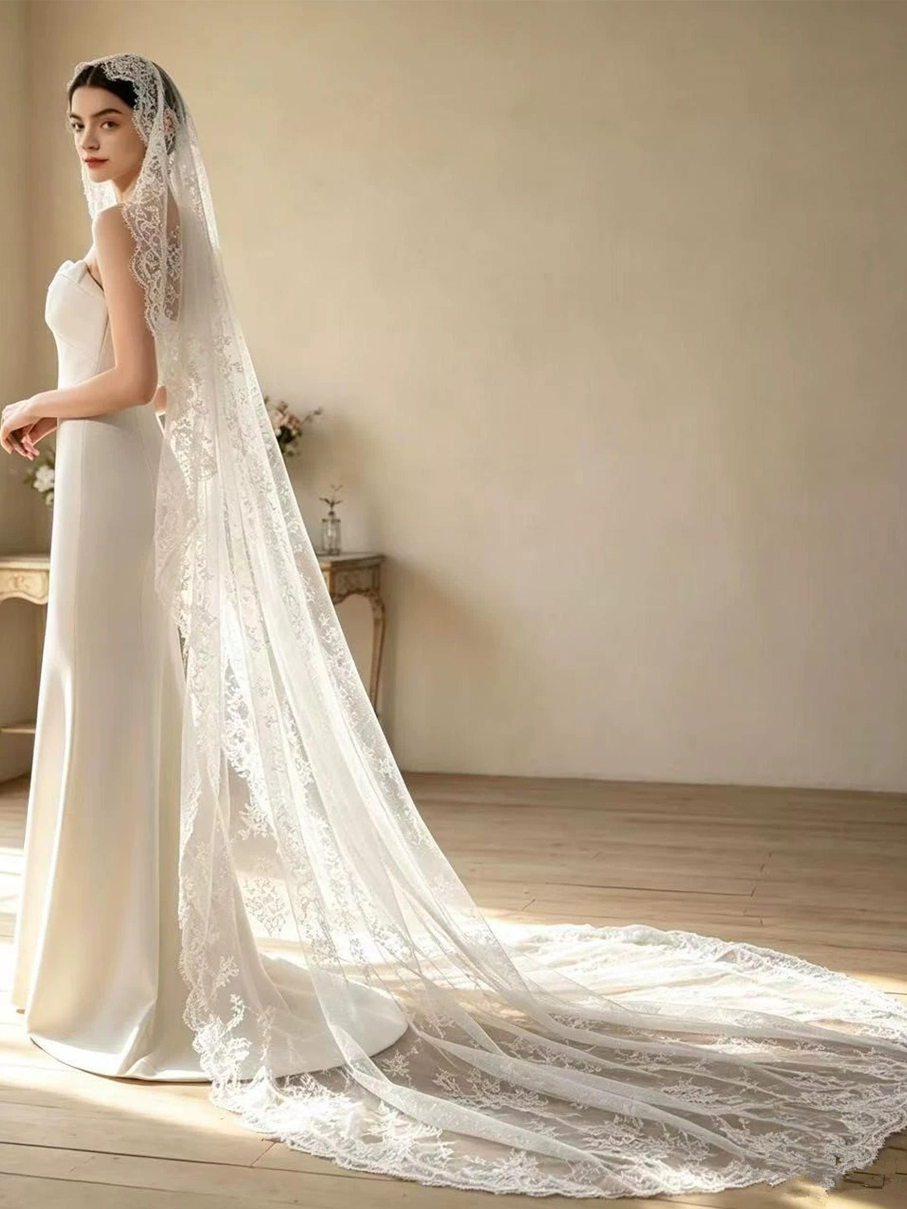 Lace Applique Edge One-Tier Cathedral Bridal Veils