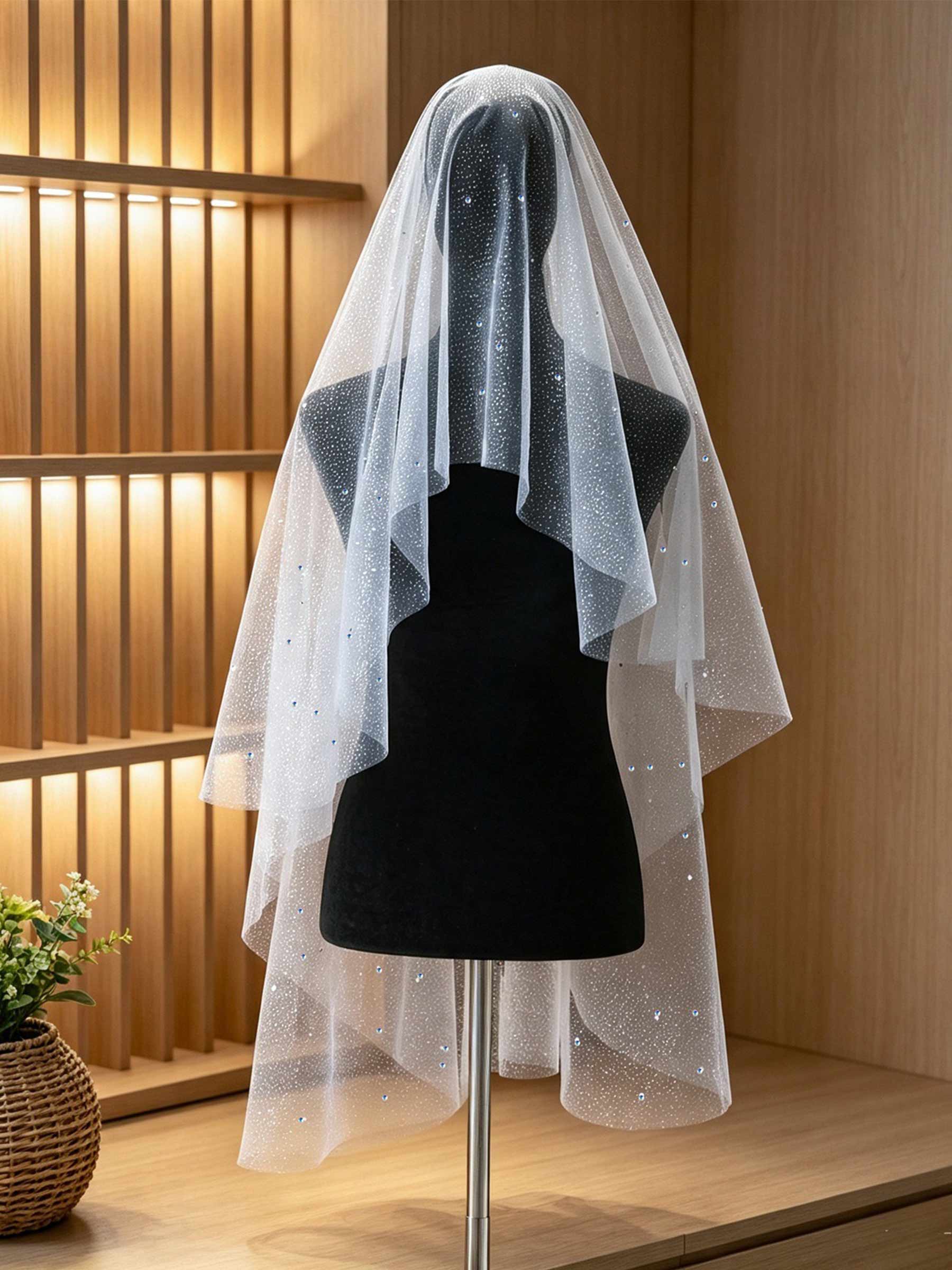 Cut Edge Rhinestones One-Tier Tulle Fingertip Bridal Veils