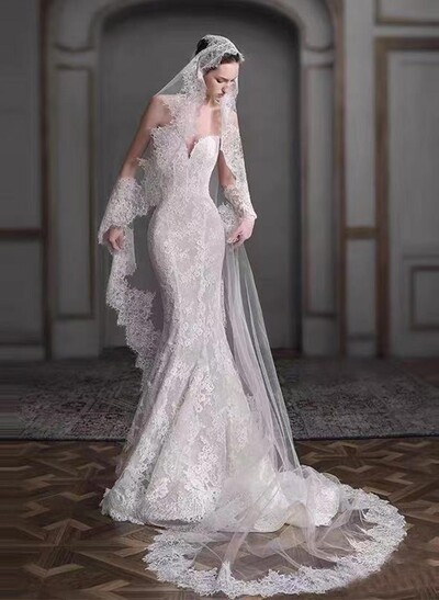Lace Applique Edge One-Tier Tulle Cathedral Bridal Veils