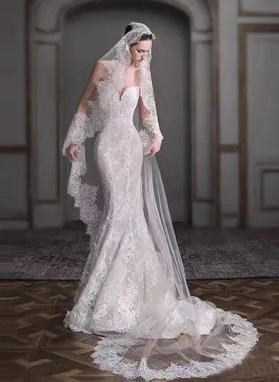 Single-Tier Tulle Cathedral Wedding Veil with Lace Appliqué Edge