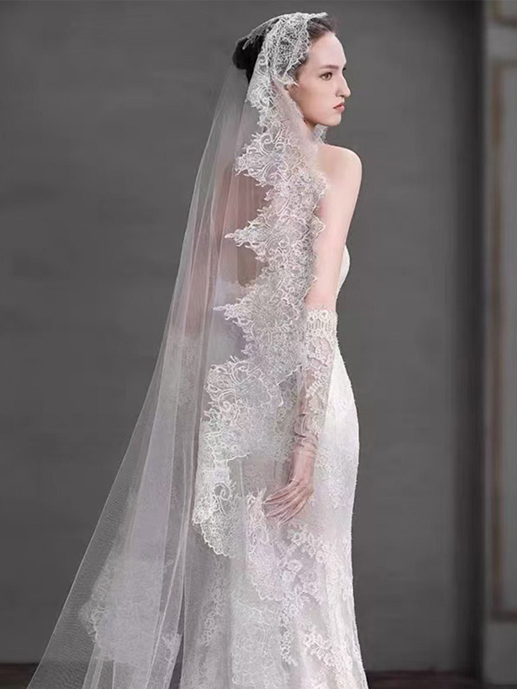 Lace Applique Edge One-Tier Tulle Cathedral Bridal Veils