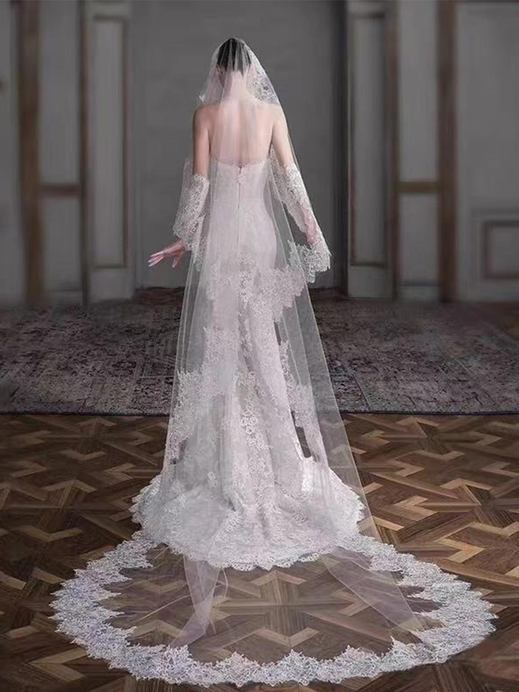 Lace Applique Edge One-Tier Tulle Cathedral Bridal Veils