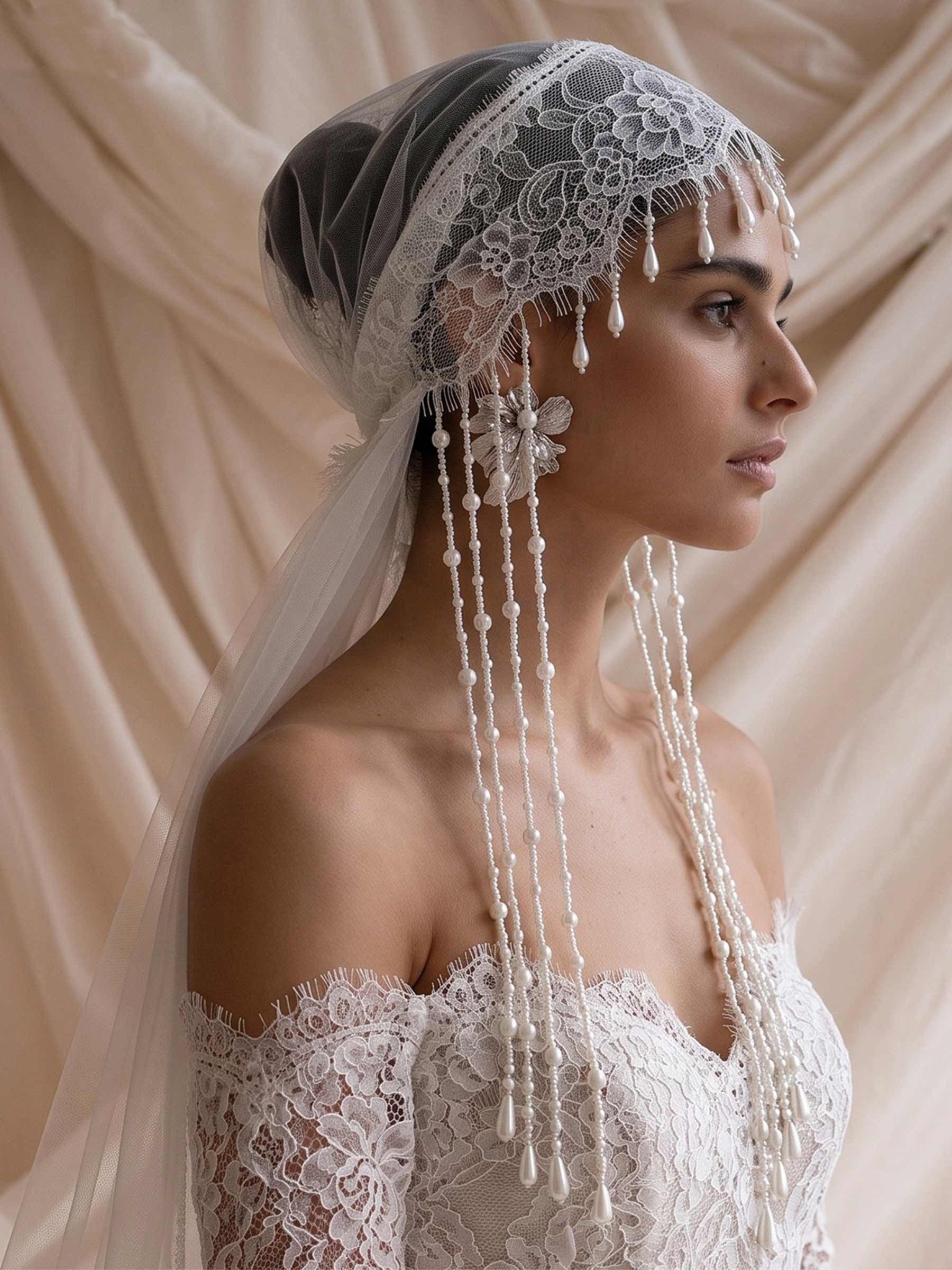 Lace Applique Edge Beading Two-Tier Tulle Fingertip Bridal Veils