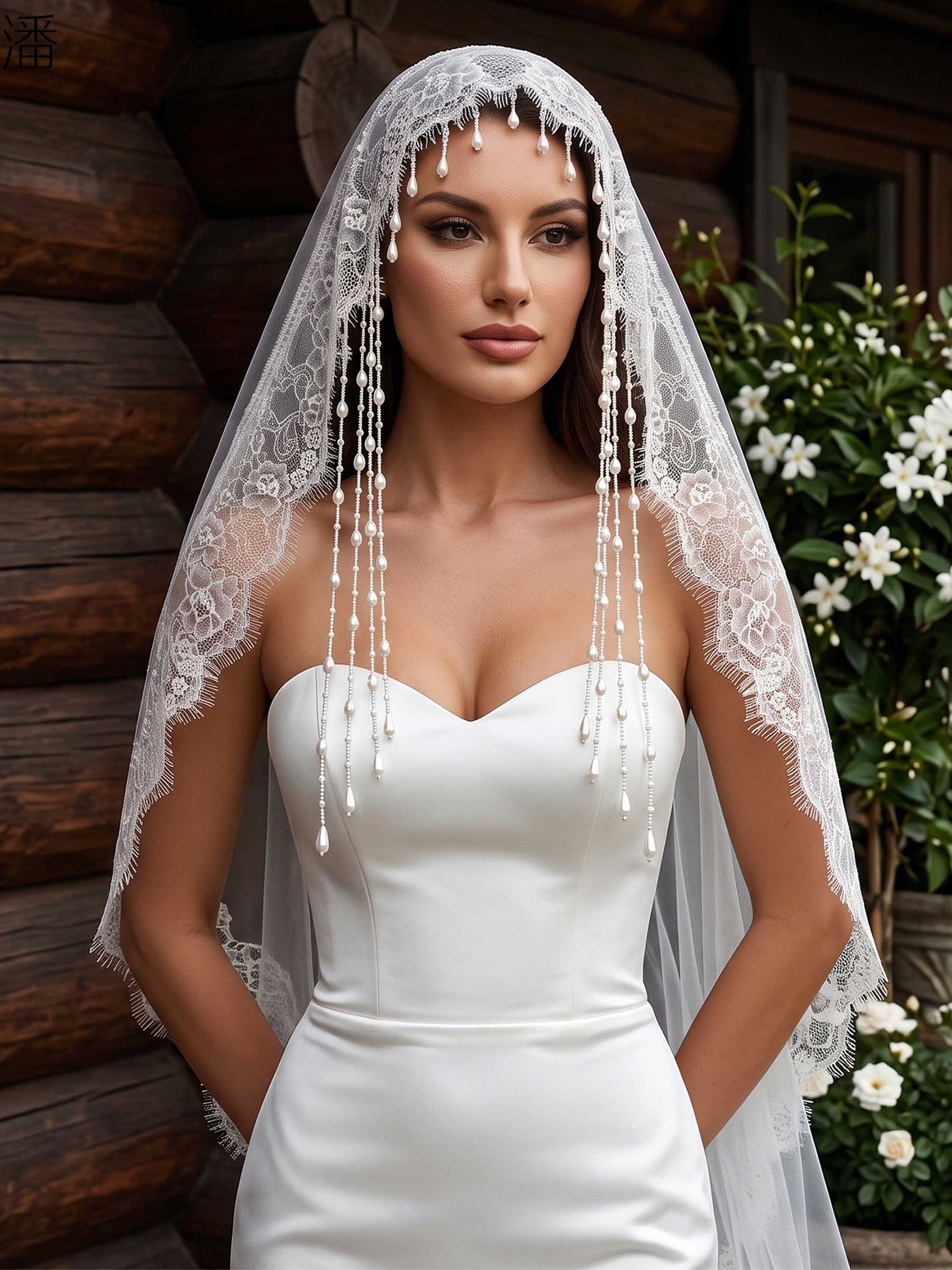Lace Applique Edge Beading Two-Tier Tulle Fingertip Bridal Veils