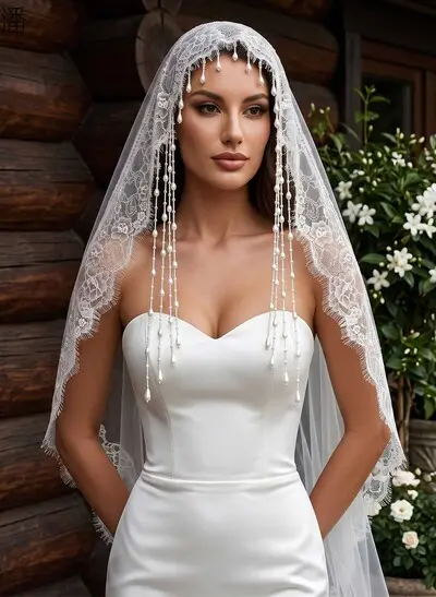 Two-Tier Tulle Fingertip Bridal Veil with Beaded Lace Appliqué Edge