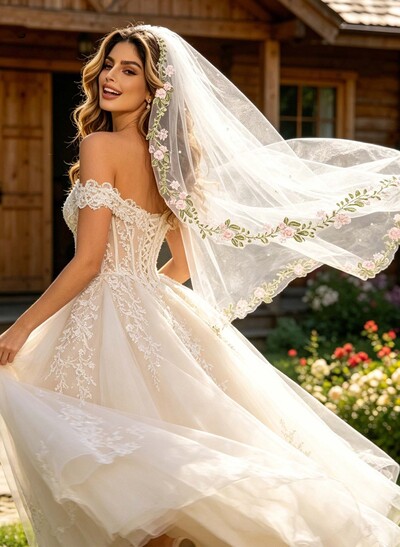 Floral One-Tier Tulle Fingertip Bridal Veils