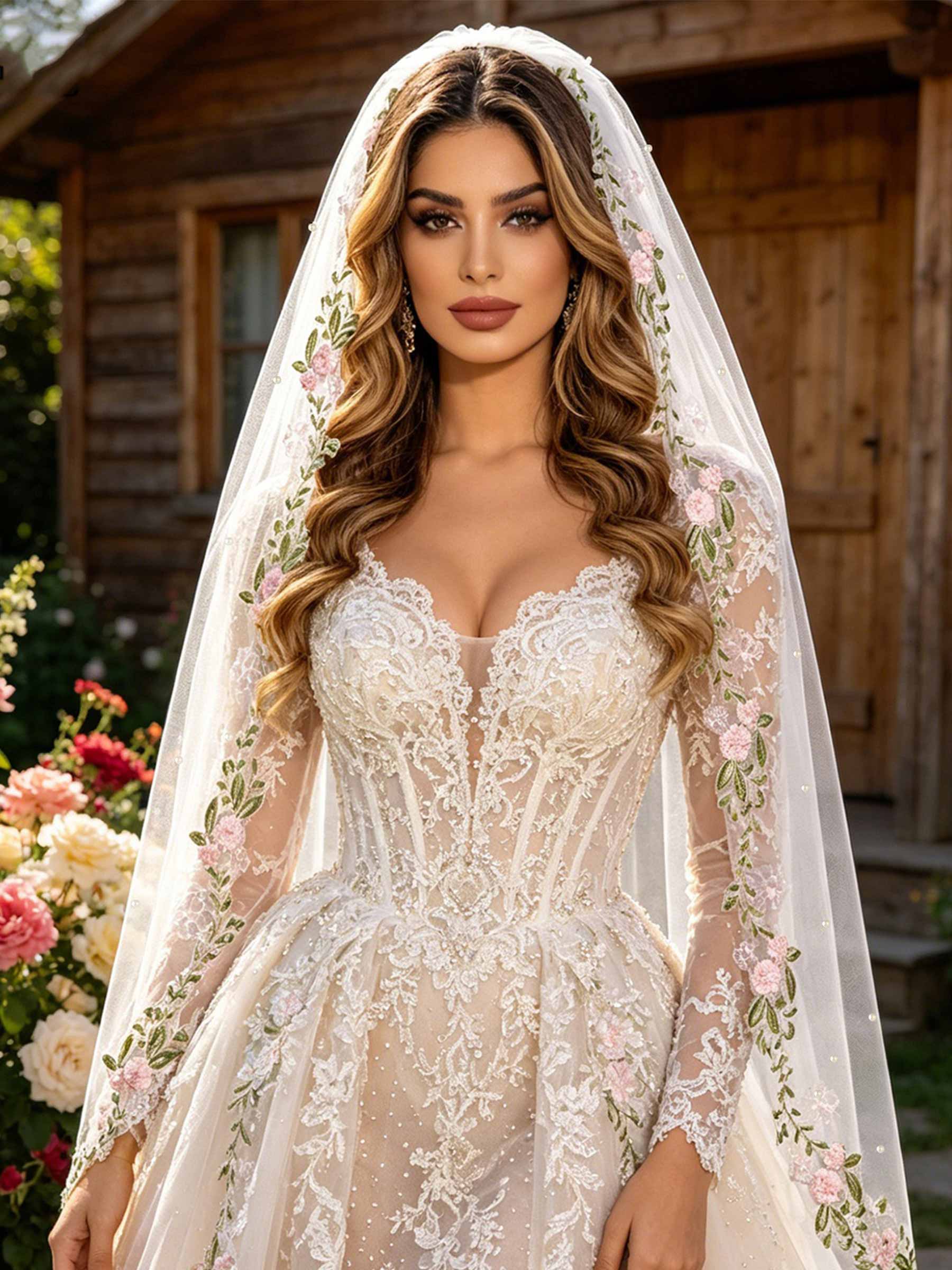 Floral One-Tier Tulle Fingertip Bridal Veils