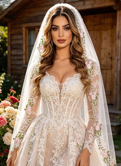 Floral One-Tier Tulle Fingertip Bridal Veils
