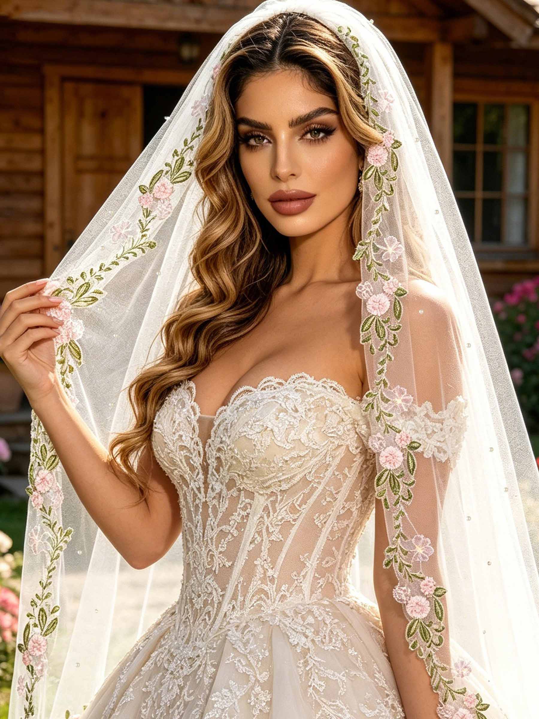 Floral One-Tier Tulle Fingertip Bridal Veils