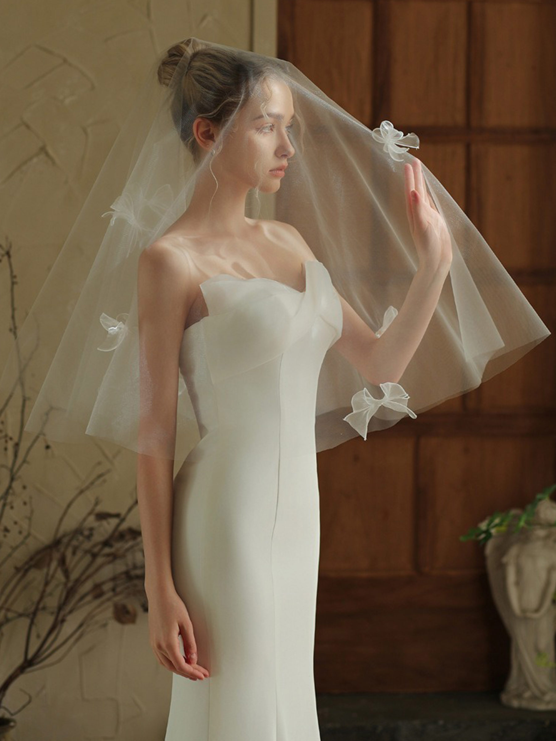 Cut Edge Bowknot One-Tier Tulle Waltz Bridal Veils