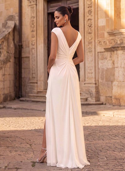 Sheath/Column Scoop Neck Sleeveless Floor-Length Chiffon Wedding Dresses With Ruffle/High Split