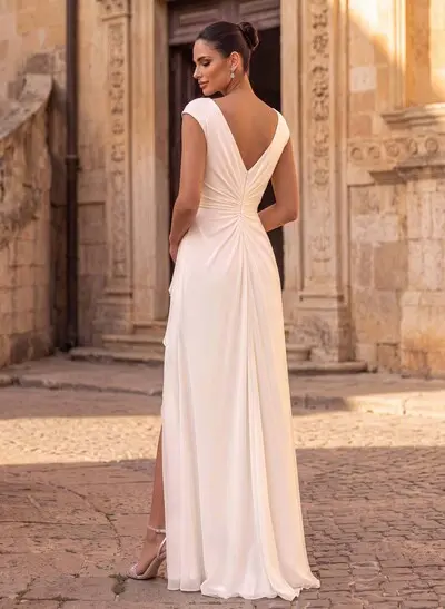 Sheath/Column Scoop Neck Sleeveless Floor-Length Chiffon Wedding Dresses With Ruffle/High Split