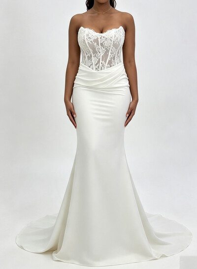 Trumpet/Mermaid Strapless Detachable Sleeves Court Train Elastic Satin Wedding Dresses With Lace