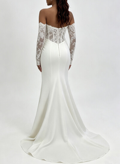 Trumpet/Mermaid Strapless Detachable Sleeves Court Train Elastic Satin Wedding Dresses With Lace