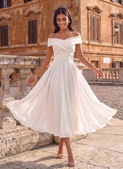 Elegant A-Line Bardot Sleeveless Midi Chiffon Wedding Dresses