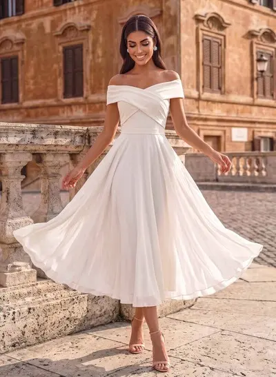 Elegant A-Line Off-The-Shoulder Sleeveless Tea-Length Chiffon Wedding Dresses