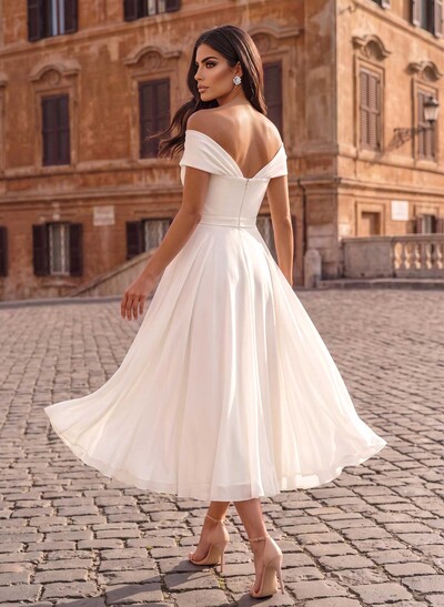 Elegant A-Line Bardot Sleeveless Midi Chiffon Wedding Dresses