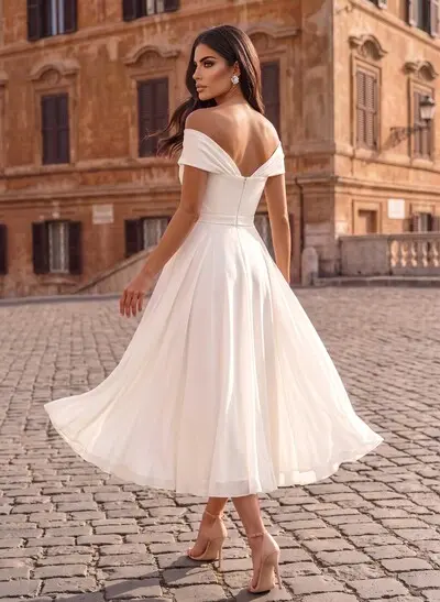 Elegant A-Line Off-The-Shoulder Sleeveless Tea-Length Chiffon Wedding Dresses