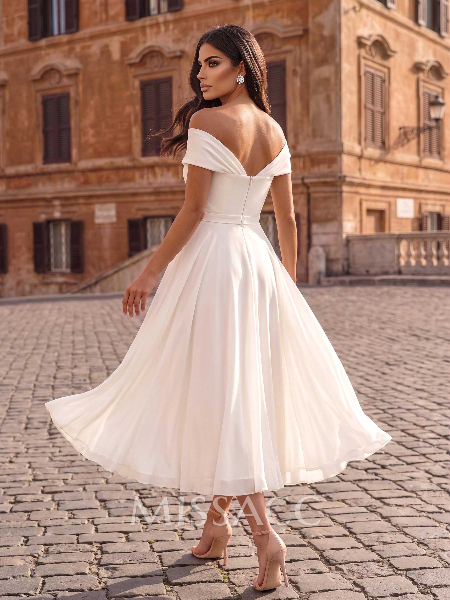Elegant A-Line Bardot Sleeveless Midi Chiffon Wedding Dresses