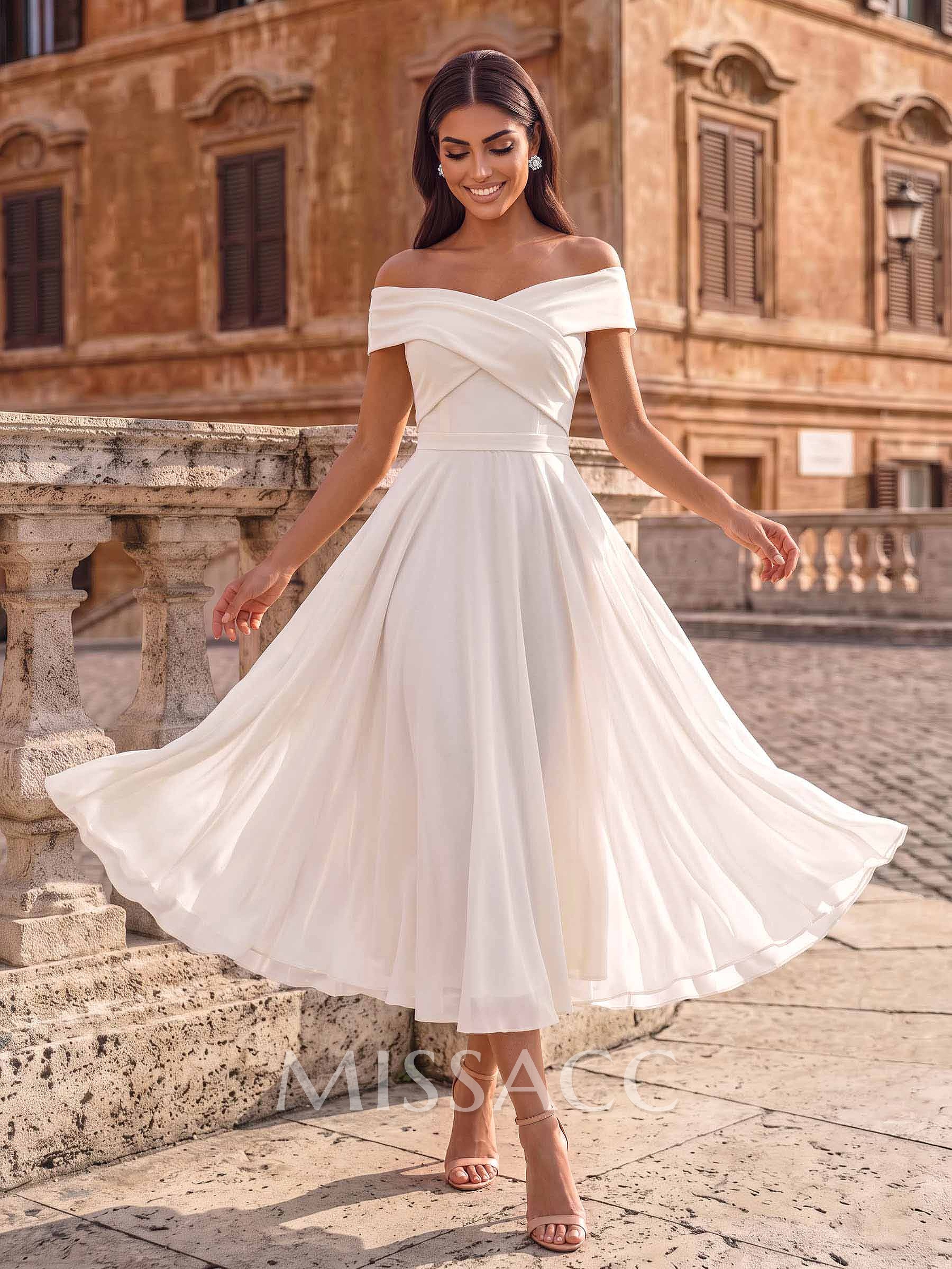 Elegant A-Line Bardot Sleeveless Midi Chiffon Wedding Dresses