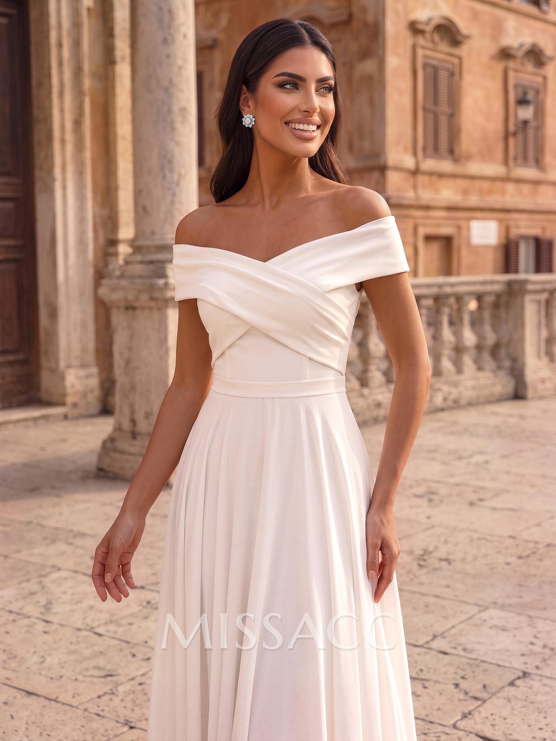 Elegant A-Line Bardot Sleeveless Midi Chiffon Wedding Dresses