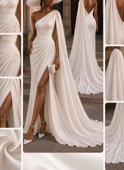 Trumpet/Mermaid One-Shoulder Sleeveless Court Train Satin Wedding Dresses With High Split/Sweeping Side Drape