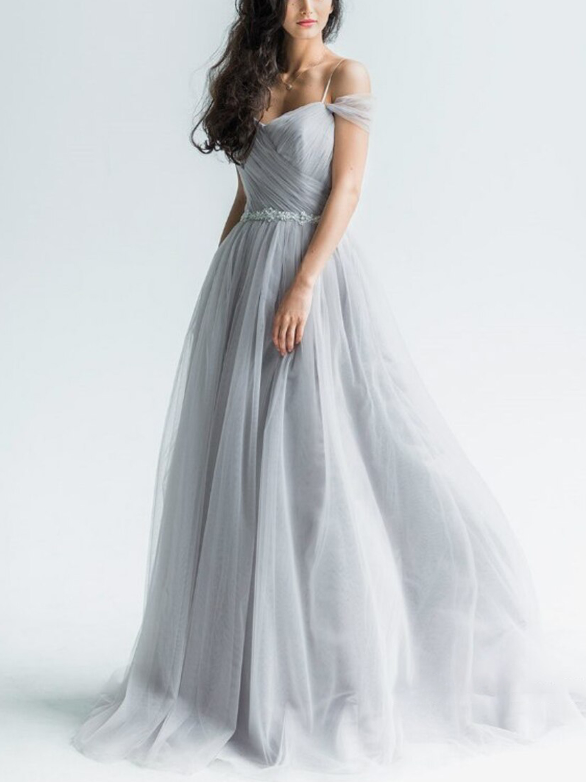 A-Line V-Neck Sleeveless Sweep Train Tulle Wedding Dresses With Sash
