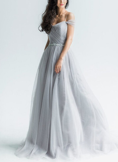 A-Line V-Neck Sleeveless Sweep Train Tulle Wedding Dresses With Sash