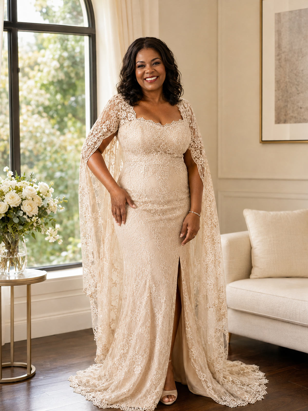 Sheath/Column Square Neckline Long Sleeves Sweep Train Lace/Elastic Satin Wedding Dresses With Split Front