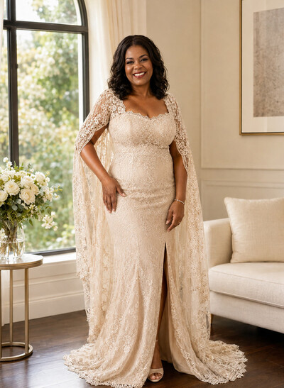 Sheath/Column Square Neckline Long Sleeves Sweep Train Lace/Elastic Satin Wedding Dresses With Split Front