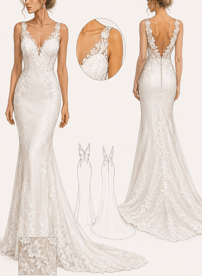 Trumpet/Mermaid V-Neck Sleeveless Sweep Train Tulle Wedding Dresses With Appliques Lace