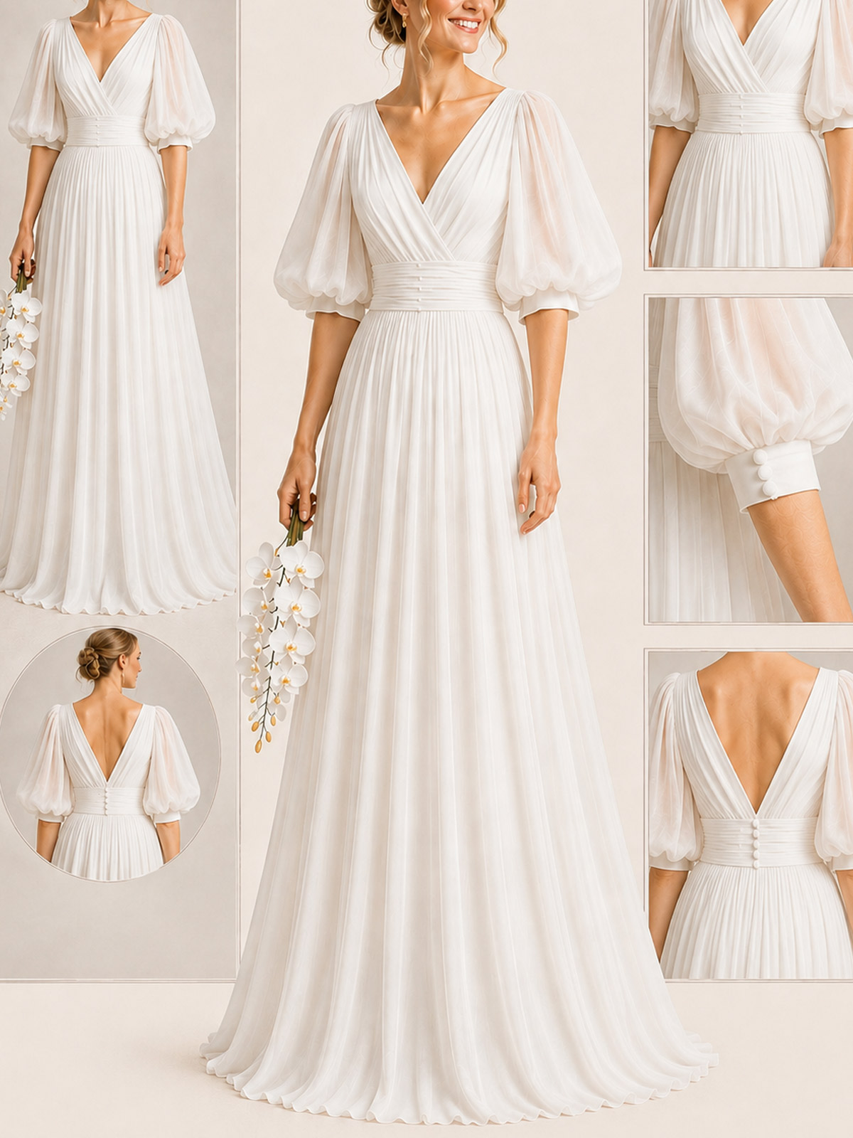 A-Line V-Neck 1/2 Sleeves Floor-Length Chiffon Wedding Dresses With Pleated
