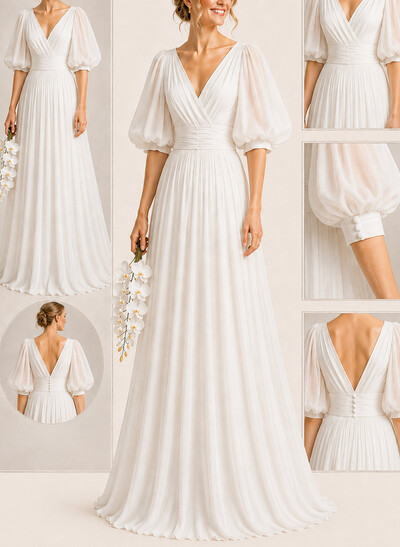 A-Line V-Neck 1/2 Sleeves Floor-Length Chiffon Wedding Dresses With Pleated