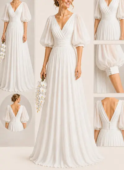 A-Line V-Neck 1/2 Sleeves Floor-Length Chiffon Wedding Dresses With Pleated