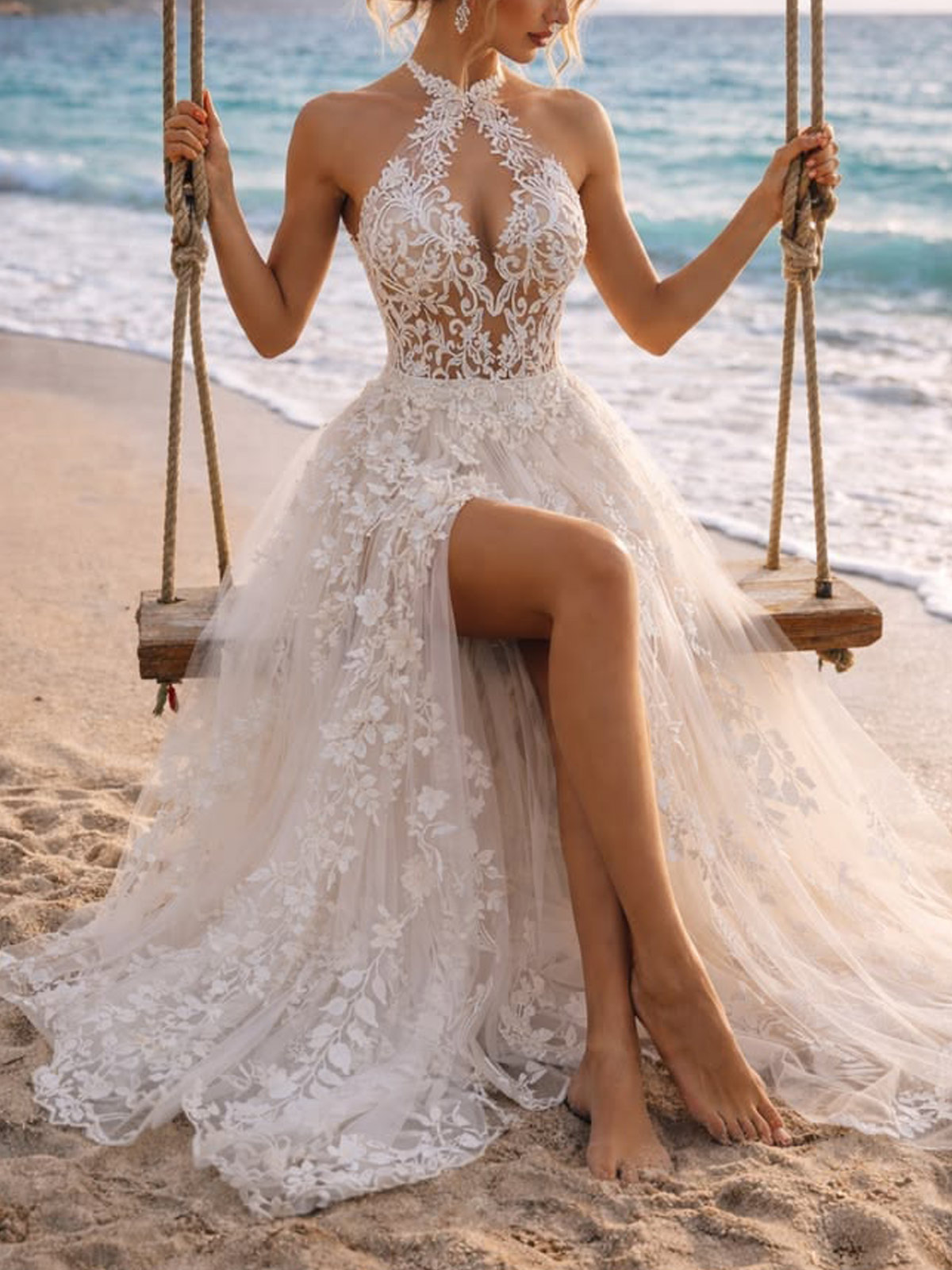 A-Line Halter Sleeveless Sweep Train Tulle Wedding Dresses With Appliques Lace