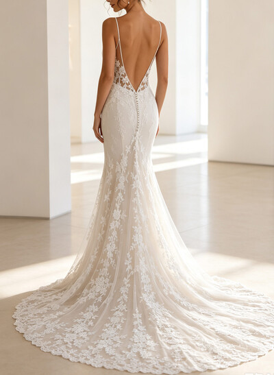 Trumpet/Mermaid Sleeveless Court Train Stretch Satin Wedding Dresses With Lace Appliqués