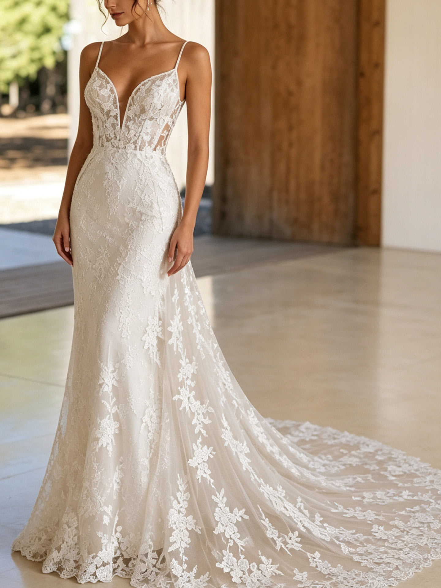 Trumpet/Mermaid Plunge Neck Sleeveless Court Train Stretch Satin Wedding Dresses With Lace Appliqués