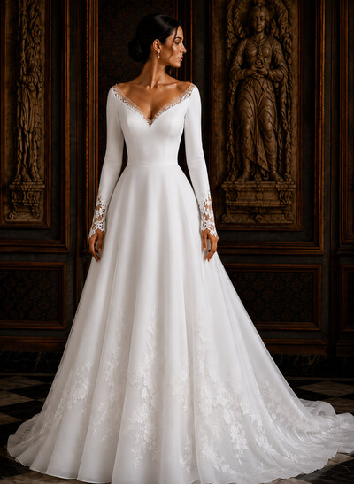 A-Line V-Neck Long Sleeves Court Train Satin/Tulle Wedding Dresses With Appliques Lace