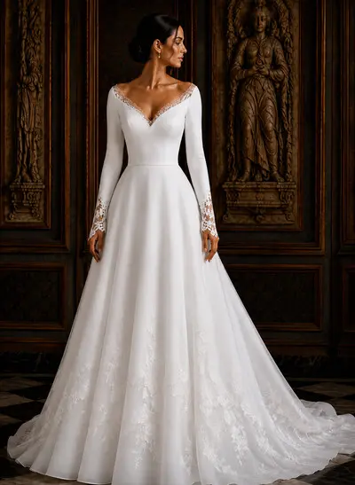 A-Line V-Neck Long Sleeves Court Train Satin/Tulle Wedding Dresses With Appliques Lace