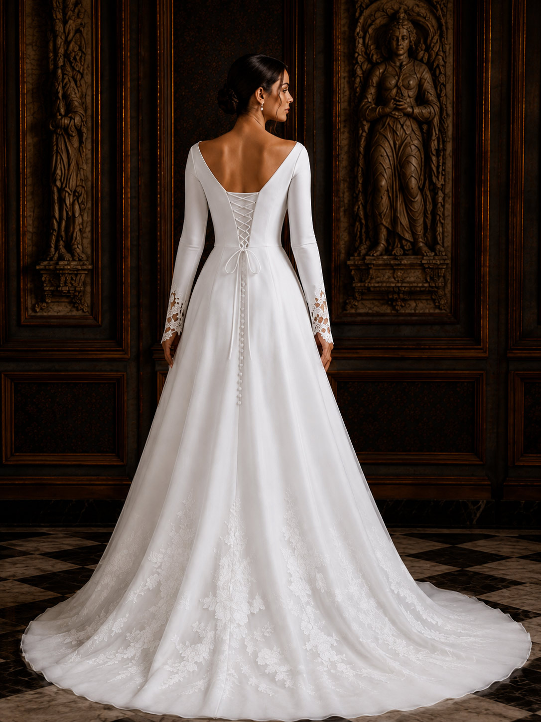A-Line V-Neck Long Sleeves Court Train Satin/Tulle Wedding Dresses With Appliques Lace