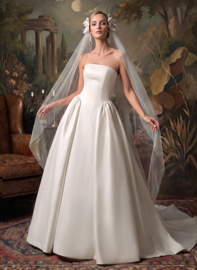 Ball-Gown Strapless Sleeveless Chapel Train Twill Satin Wedding Dresses