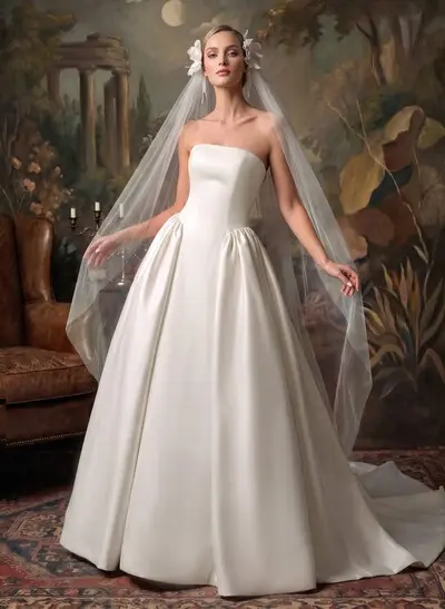 Ball-Gown Strapless Sleeveless Chapel Train Twill Satin Wedding Dresses