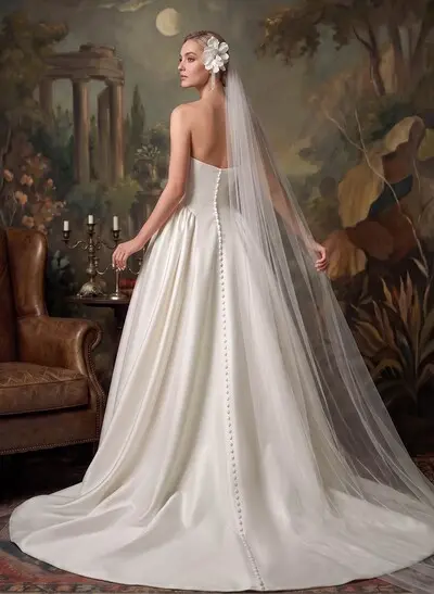 Ball-Gown Strapless Sleeveless Chapel Train Twill Satin Wedding Dresses
