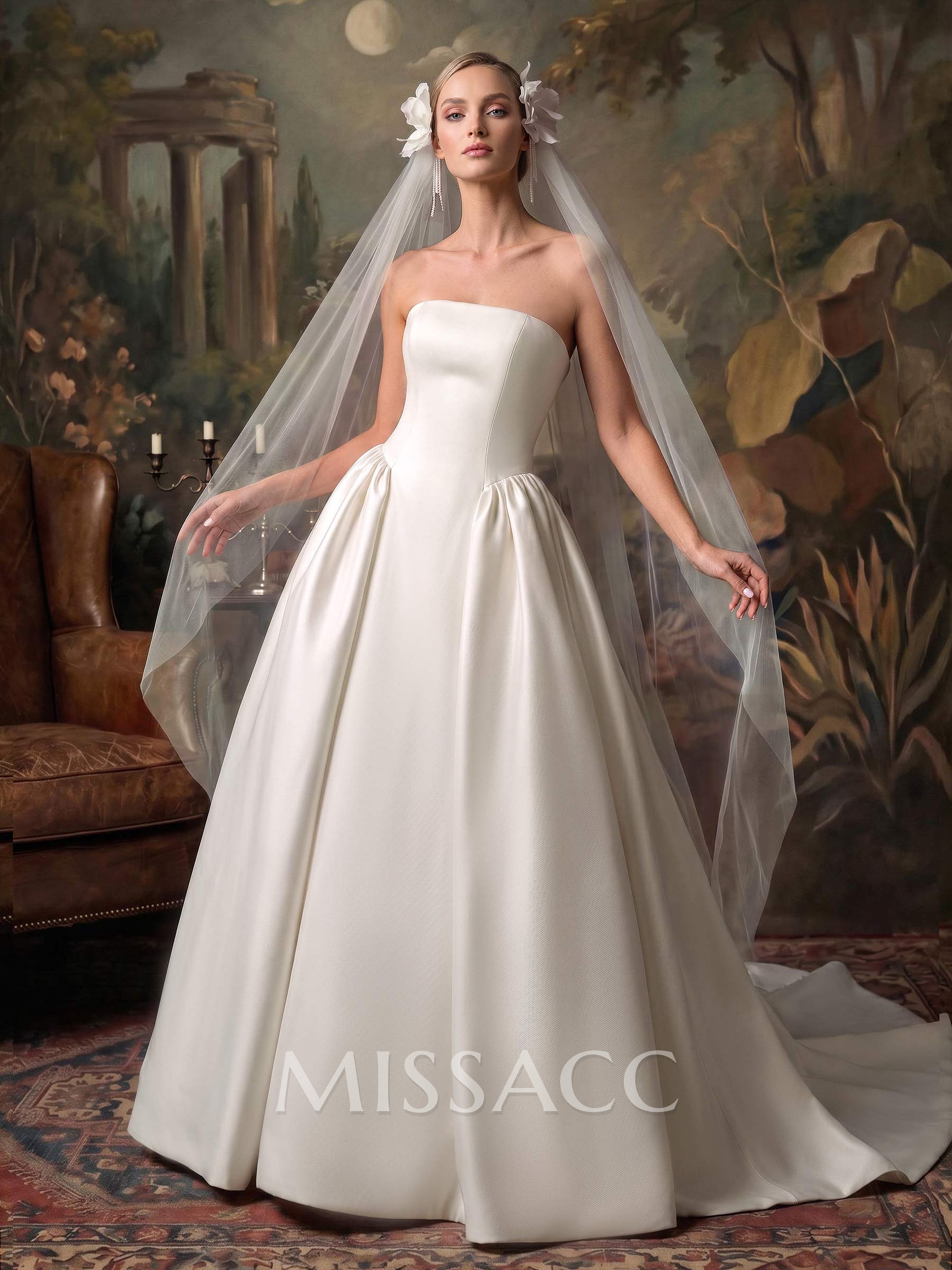 Ball-Gown Strapless Sleeveless Chapel Train Twill Satin Wedding Dresses