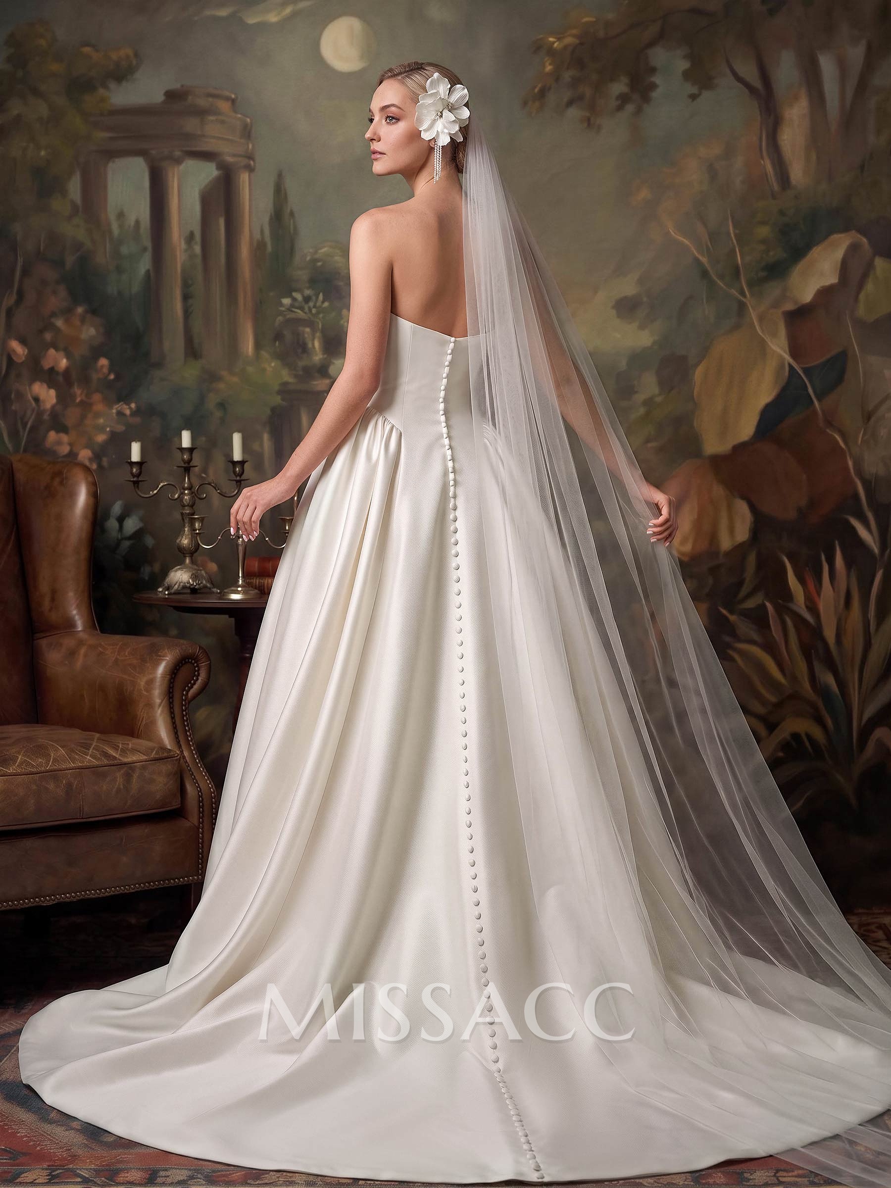 Ball-Gown Strapless Sleeveless Chapel Train Twill Satin Wedding Dresses