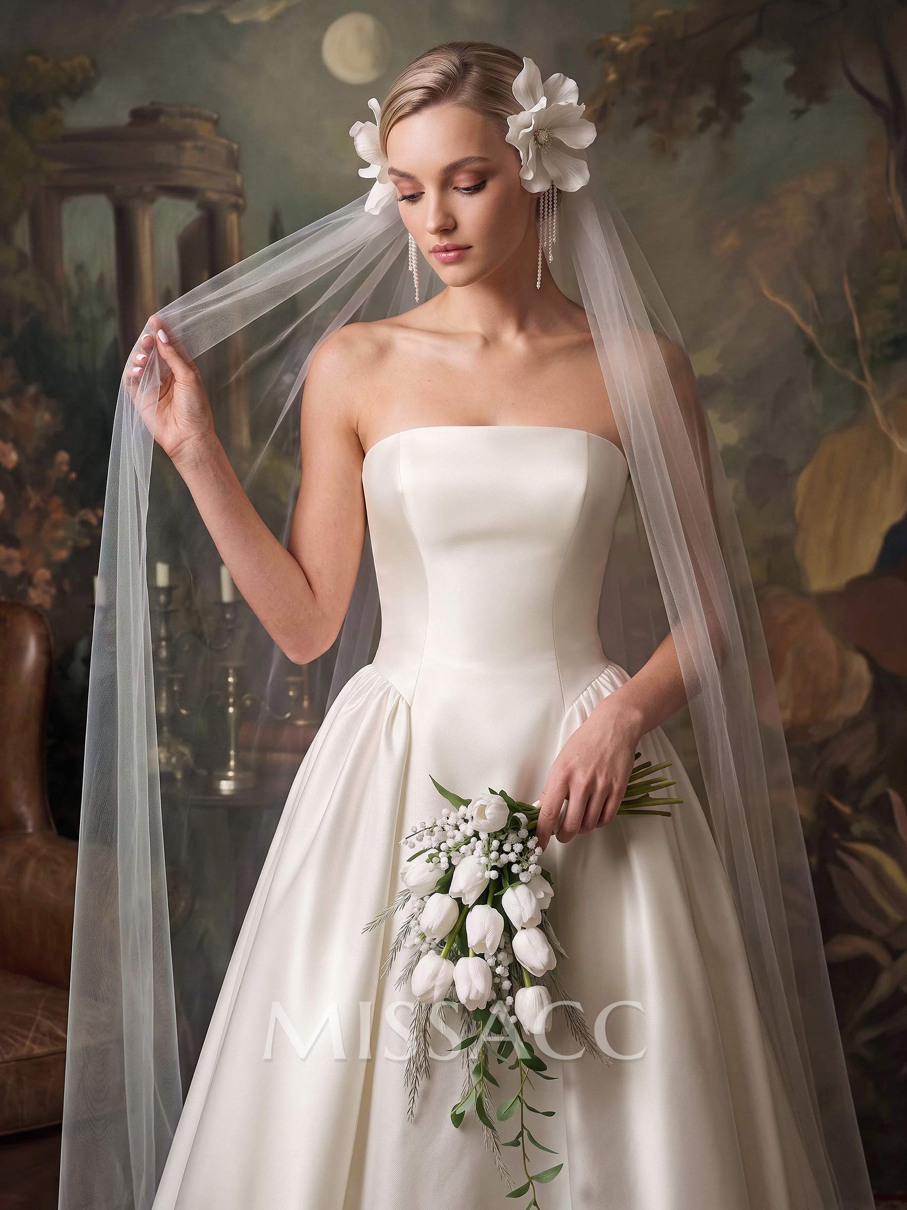 Ball-Gown Strapless Sleeveless Chapel Train Twill Satin Wedding Dresses