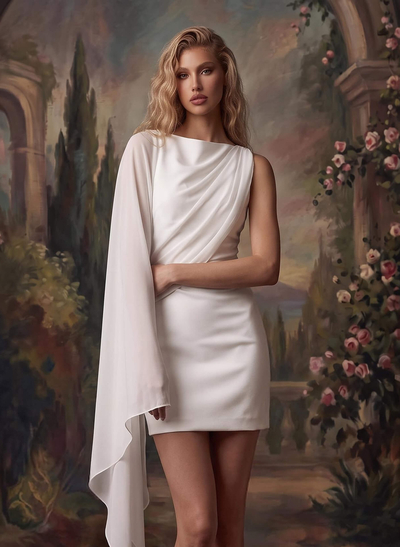 Sheath/Column Scoop Neck Cape Sleeves Short/Mini Chiffon/Elastic Satin Wedding Dresses With Sweeping Side Drape